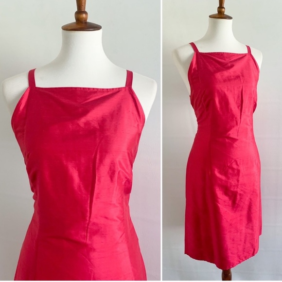Deadstock 90s 100% Silk Square Neck Watermelon Pink Summer Midi Dress - Picture 1 of 5